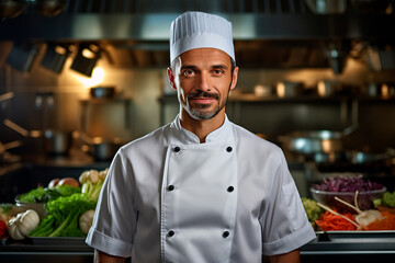 Portrait of a handsome European male chef on a kitchen background. A man in a chef's hat and an apron.