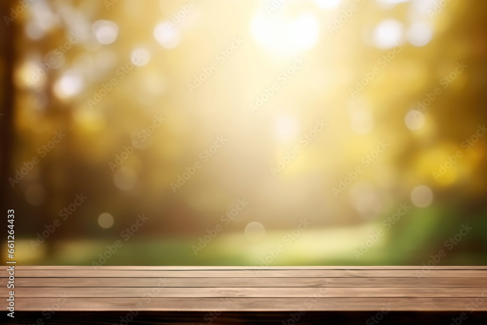 Poster empty wooden table over bokeh sunshine light background at forest, product display montage. high qua