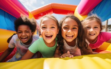 Kids on the inflatable bounce house - obrazy, fototapety, plakaty