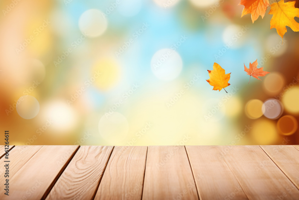 Poster Wooden table with autumn leaves on bokeh background. Mock up for display of product. High quality photo