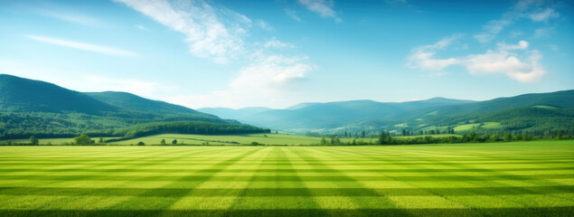 Fototapeta na wymiar Beautiful landscape of green field with blue sky and mountains in the background. High quality photo