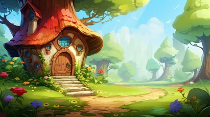 Papier Peint photo Destinations House on sunny glade in magic forest. Vector cartoon illustration of nice old cottage with wooden windows, door, chimney on roof, stone footpath in shadows of tall trees, fairytale game backgroundHous