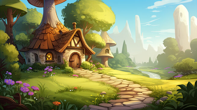 House on sunny glade in magic forest. Vector cartoon illustration of nice old cottage with wooden windows, door, chimney on roof, stone footpath in shadows of tall trees, fairytale game backgroundHous
