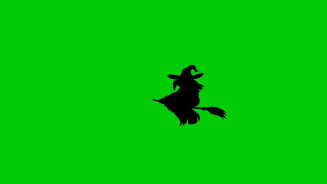 silhouette of a flying witch using a broomstick loop motion graphics video transparent background with alpha channel. Halloween time.