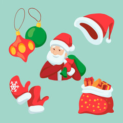 Merry Christmas designs with Santa Claus icons set. Santa Claus hat, mittens, Christmas baubles, sack with gifts illustrations in cartoon style. Holiday, celebration, party concept