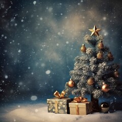 Fototapeta na wymiar christmas tree decorated with golden gift box