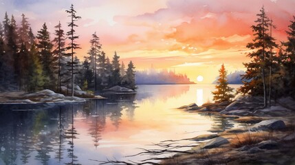 In this watercolor painting, the sunrise is reflected in the still lake waters.
