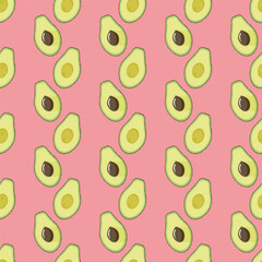 Fruit background. Vector seamless pattern with avocado.Avocado halves isolated on a pink background. Healthy eating.