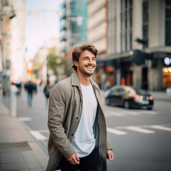 Obraz premium Smiling handsome man walking down blurred bokeh background city during daytime hours
