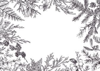Obraz premium Floral horizontal frame with winter forest and garden branches. Hand drawn botanical illustration. Holiday card. Black. Outline, no fill. Sketch style.