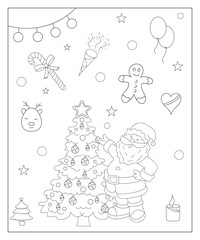 Coloring page of a decorated Christmas tree with gifts. Vector black and white illustration on white background.