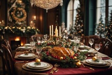 christmas dinner table setting Festive Gourmet Spread: Traditional Christmas Dinner in Hyper-Realistic Detail, AI Generated