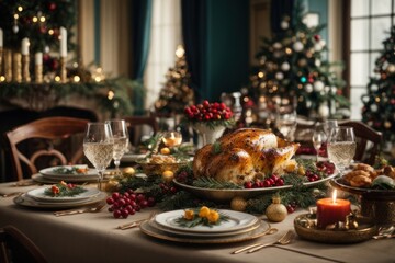 Naklejka premium christmas dinner table setting Festive Gourmet Spread: Traditional Christmas Dinner in Hyper-Realistic Detail, AI Generated