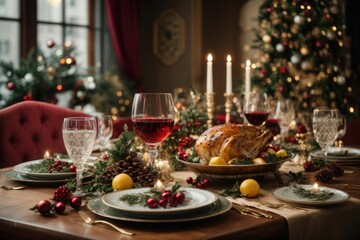christmas dinner table setting Festive Gourmet Spread: Traditional Christmas Dinner in Hyper-Realistic Detail, AI Generated