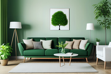 Living room interior with sofa, lamp and green tree. Modern living room