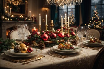 Fototapeta na wymiar christmas dinner table setting Festive Gourmet Spread: Traditional Christmas Dinner in Hyper-Realistic Detail, AI Generated