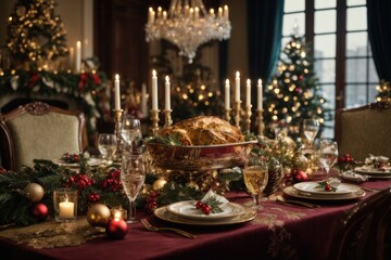Fototapeta na wymiar christmas dinner table setting Festive Gourmet Spread: Traditional Christmas Dinner in Hyper-Realistic Detail, AI Generated