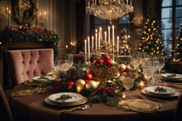 christmas dinner table setting Festive Gourmet Spread: Traditional Christmas Dinner in Hyper-Realistic Detail, AI Generated