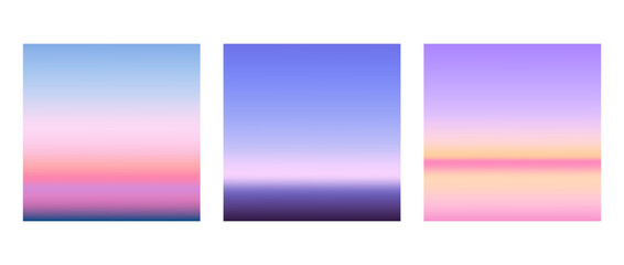 Sunrise or sunset gradients background set. Smooth blurred wallpaper set in pink, blue and purple colors. Abstract beach and sea or ocean horizon backdrop. Vector illustration