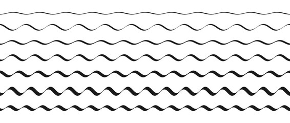 Wavy border pattern set. Repeating wave lines collection. Graphic design elements for decoration. Squiggle and curvy dividers and separators pack. Vector bundle - obrazy, fototapety, plakaty