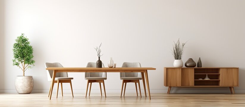 Wooden table and floor in modern apartment s dining room Interior design With copyspace for text