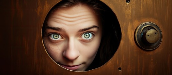 White woman peering through the peephole - obrazy, fototapety, plakaty
