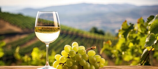 Vermentino wine goblet amidst vineyard rows for food and drinks With copyspace for text - obrazy, fototapety, plakaty