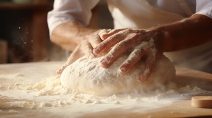 Fototapeta premium man kneading dough with his two hands greased with flour in high quality