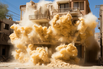 smoke dust and debris coming out of an apartment building due to a missile attack