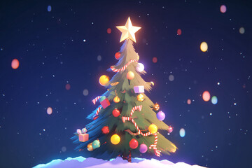 Christmas tree with colorful balls and ribbons, illustration of Christmas decorative elements