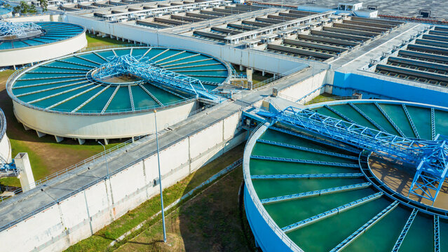 Aerial view of Drinking Water Treatment plants. Microbiology of drinking water production and distribution for big city from water management, water recycling.