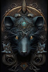 Fototapeta premium a black rat with a circle on its head wearing a crown made of flowers and leaves. The rat is standing on a rock in a forest