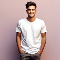 Portrait d'un jeune homme souriant avec un t-shirt blanc sur un fond rose - obrazy, fototapety, plakaty