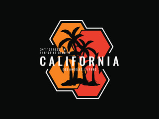 Surfing board standing on the beach with palms and sunset on the background