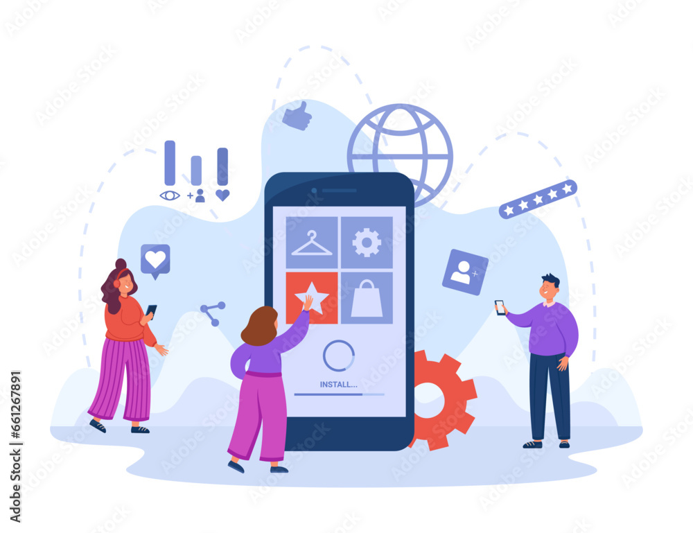 Poster app installation process on smartphone vector illustration. people using mobile devices with promoti