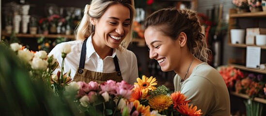 Two female florist partners discuss bouquet arrangement design in online flower shop with fresh flowers With copyspace for text