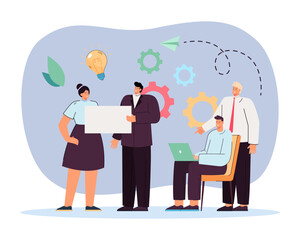 People giving help and ideas to colleagues vector illustration. Cartoon drawing of office employees working on project together. Teamwork, communication, business, assistance concept
