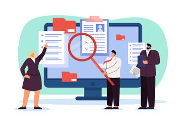 Tiny coworkers studying documents on screen vector illustration. Cartoon drawing of businesswoman pointing at file, colleague with big magnifier. Business, teamwork, leadership, information concept