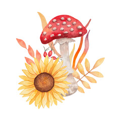 Composition of fly agaric with sunflower, rose hips and leaves. Clipart for seasonal holidays. Thanksgiving Day. Botanical watercolor forest illustration for design, print. Hand drawn isolated art.