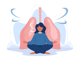 Human lungs inhaling and exhaling vector illustration. Young woman meditating and focusing on breathing, practicing mindfulness. Meditation, breath control, breathing exercise concept