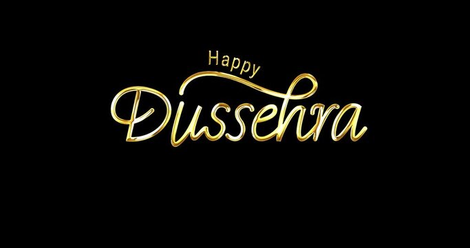 Happy Dussehra text animation. Handwritten text in gold color and silver with alpha channel. Great for Celebrations, festivals, and events. Transparent background, easy to put into any video.