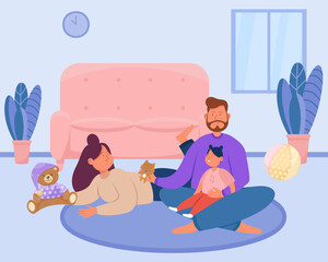 Obraz premium Mom and dad playing with daughter on floor vector illustration. Drawing of man, woman and toddler bonding while playing together in living room. Family, love, care, parenthood, childhood concept