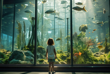 little kid looking at a big aquarium with fishes