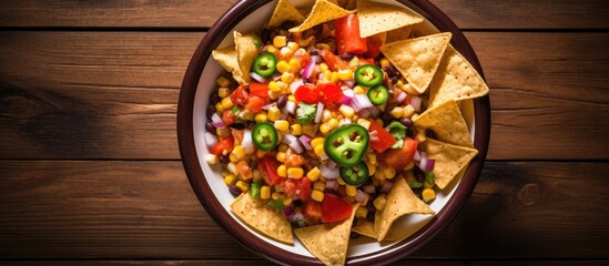 Top view of a bowl filled with Mexican vegetable salad cowboy caviar and nachos on the table With copyspace for text