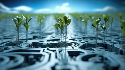 Tree growing on digital plant pot. Eco Technology and Technology Convergence, Green Computing.