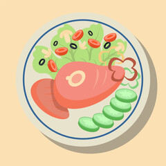 Balanced and nutritious meal on plate vector illustration. Cooked meat with vegetables for dinner for healthy diet and achieving weight loss goals. Health care, food, healthy eating concept