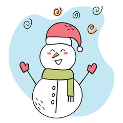 happy snowman. Doodle illustration. Children s card. Hello winter