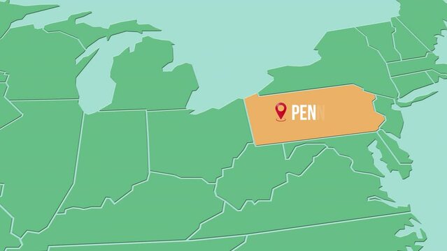 Mapa de los Estados Unidos de Am&eacute;rica con divisi&oacute;n pol&iacute;tica resaltando el estado de Pennsylvania