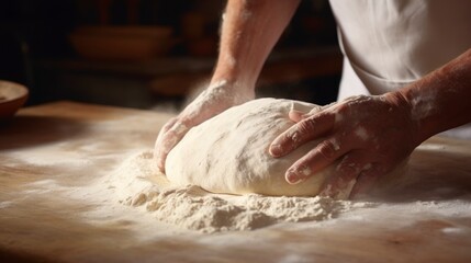 kneading lump of white dough in a bakery with his two hands in high quality