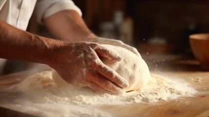 Fototapeta premium kneading lump of white dough in a bakery with his two hands in high quality and resolution